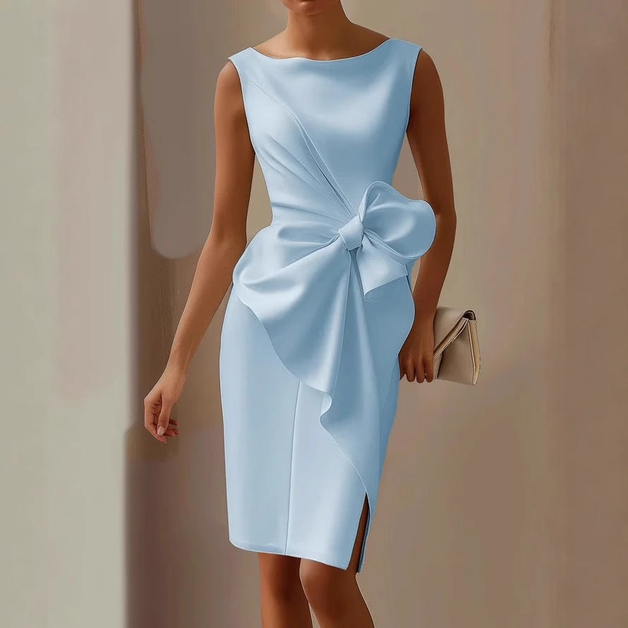 Smart casual women's boat neck pencil midi dress, sleeveless design with a unique side bow, versatile for work.