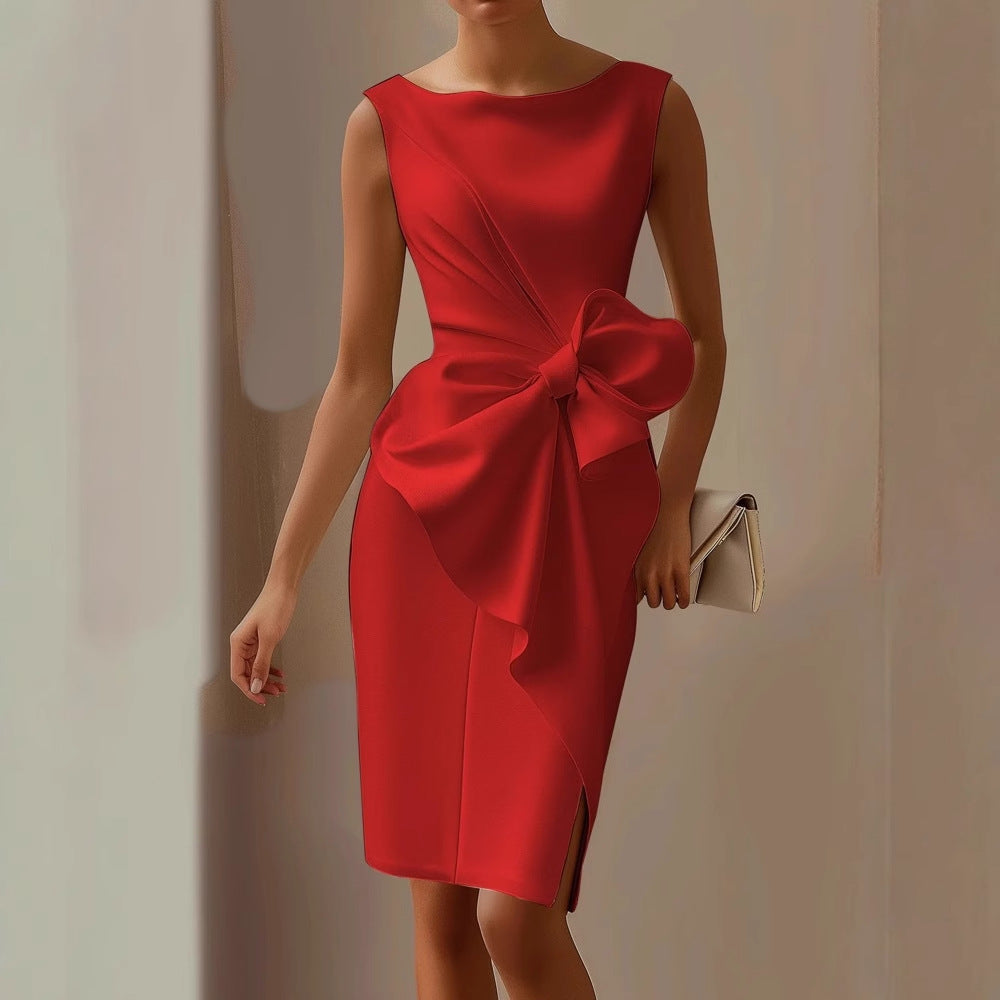 Sophisticated women's sleeveless boat neck midi dress with a graceful side bow, great for summer events.