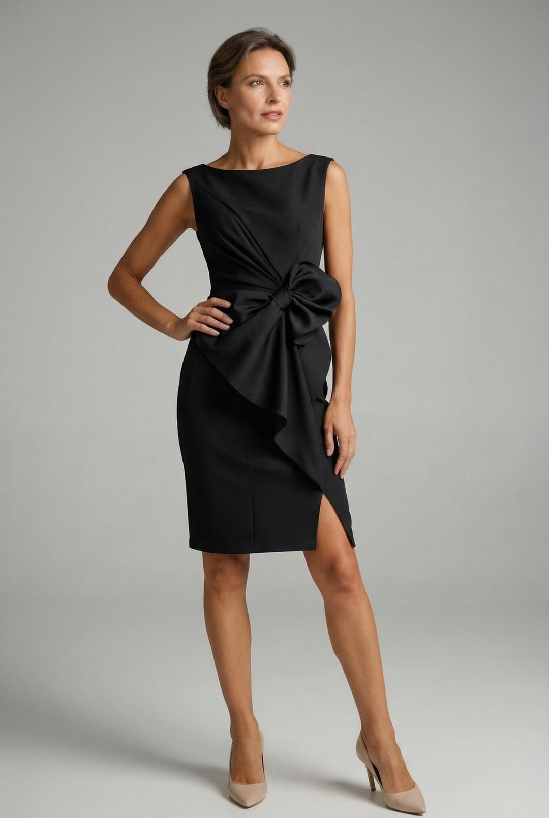 A stunning women's fitted dress for parties, showcasing a beautiful bow.