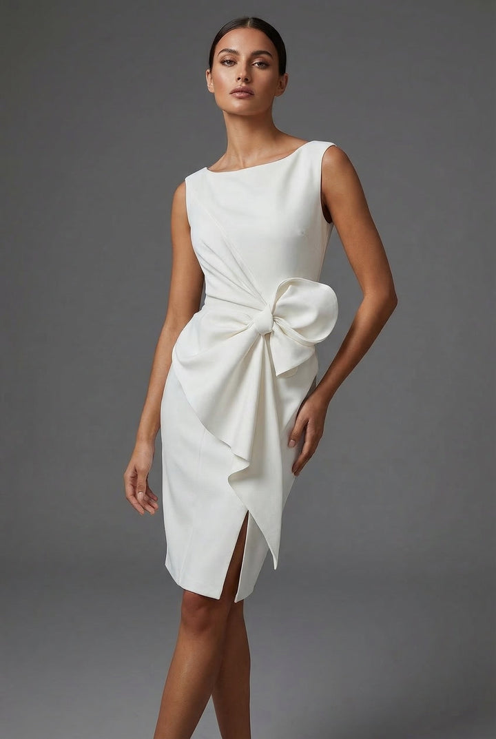 Special occasion women's dress: sleeveless, bow detail, elegant style.