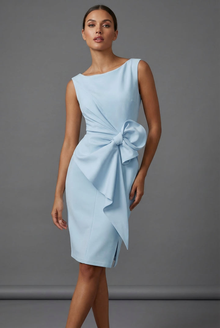 Sophisticated party dress for women with a striking bow embellishment.