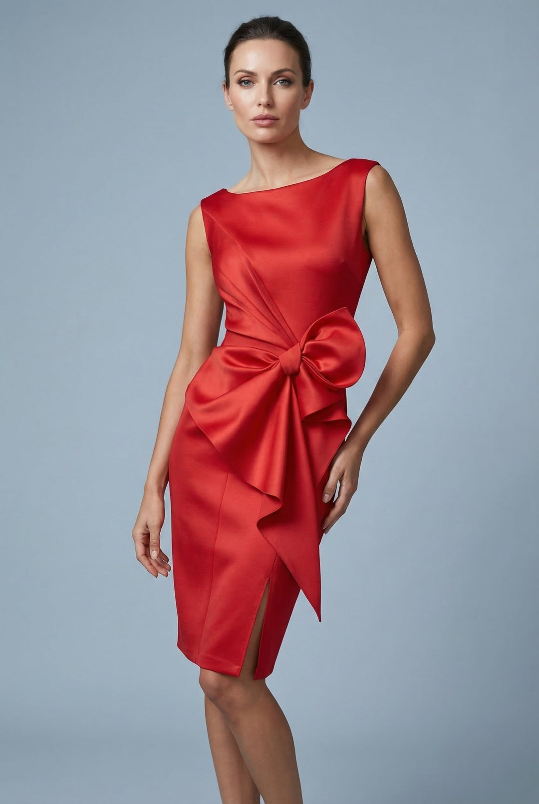Boat neck sleeveless dress, a perfect choice for wedding celebrations.