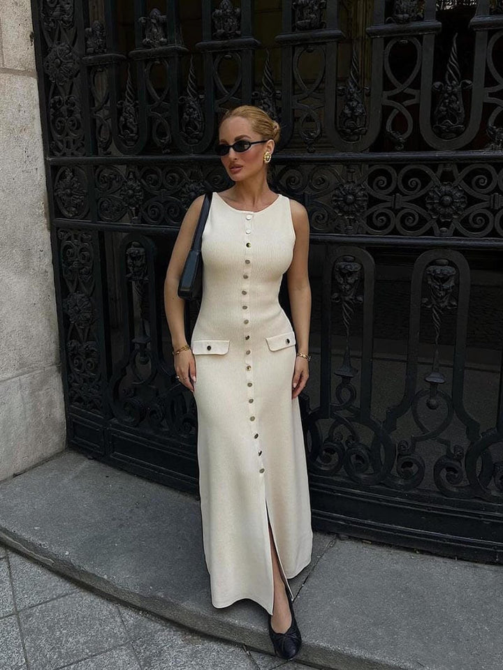 Elegant women's sleeveless button-front maxi dress, perfect for stylish summer events or vacation. Day to night wear.
