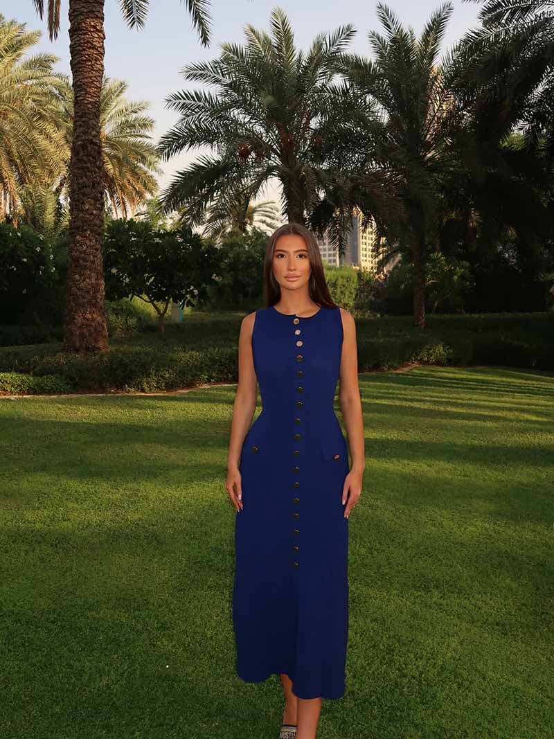 Women's sleeveless button-front maxi dress, an elegant long summer dress for stylish casual and vacation looks.