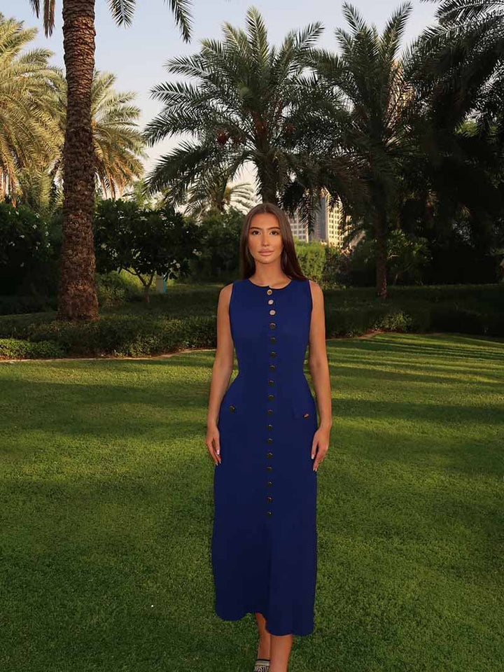 Women's sleeveless button-front maxi dress, an elegant long summer dress for stylish casual and vacation looks.