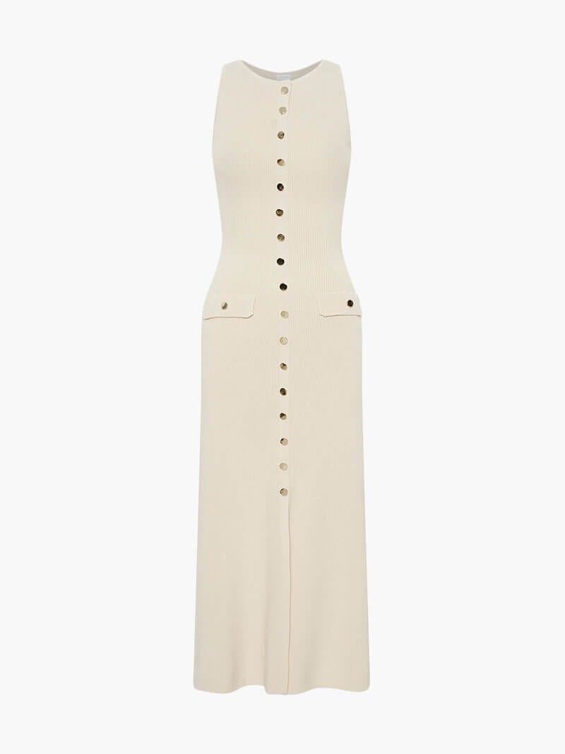 Stylish women's sleeveless button-front maxi dress. Elegant long summer dress, perfect for vacation or casual wear.