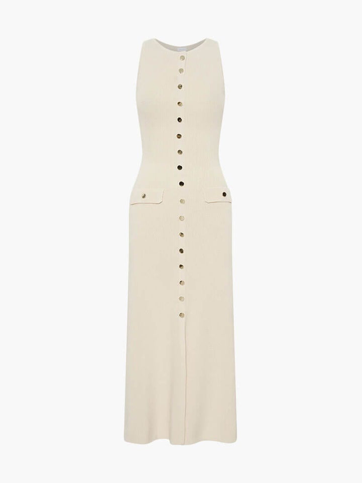 Stylish women's sleeveless button-front maxi dress. Elegant long summer dress, perfect for vacation or casual wear.