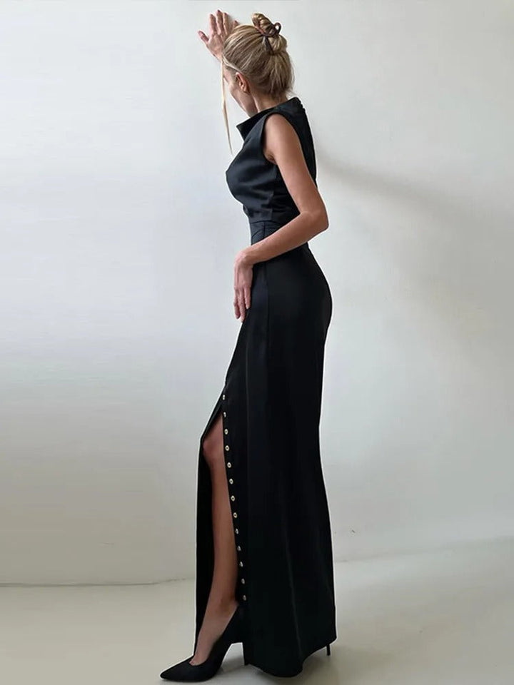 Versatile women's sleeveless button-up two-piece set; an elegant summer outfit with a maxi skirt.