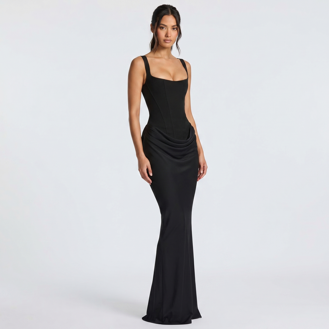 Elegant women's sleeveless corset mermaid maxi gown for formal evening wear, showcasing a ruched design.