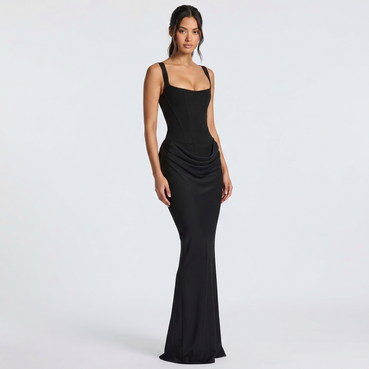 Elegant women's sleeveless corset mermaid maxi gown for formal evening wear, showcasing a ruched design.