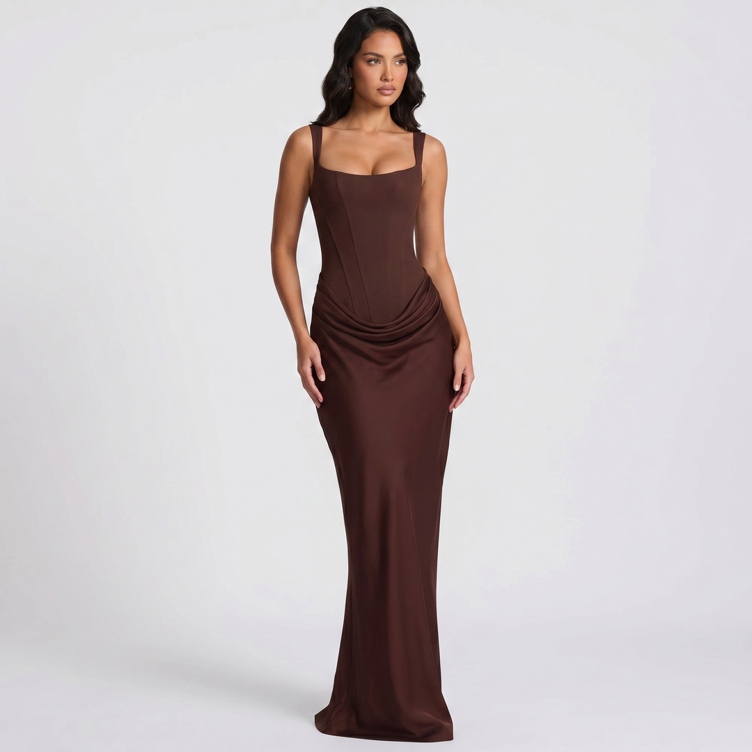 Stunning formal sleeveless corset mermaid maxi gown for women, perfect for evening events & special occasions.