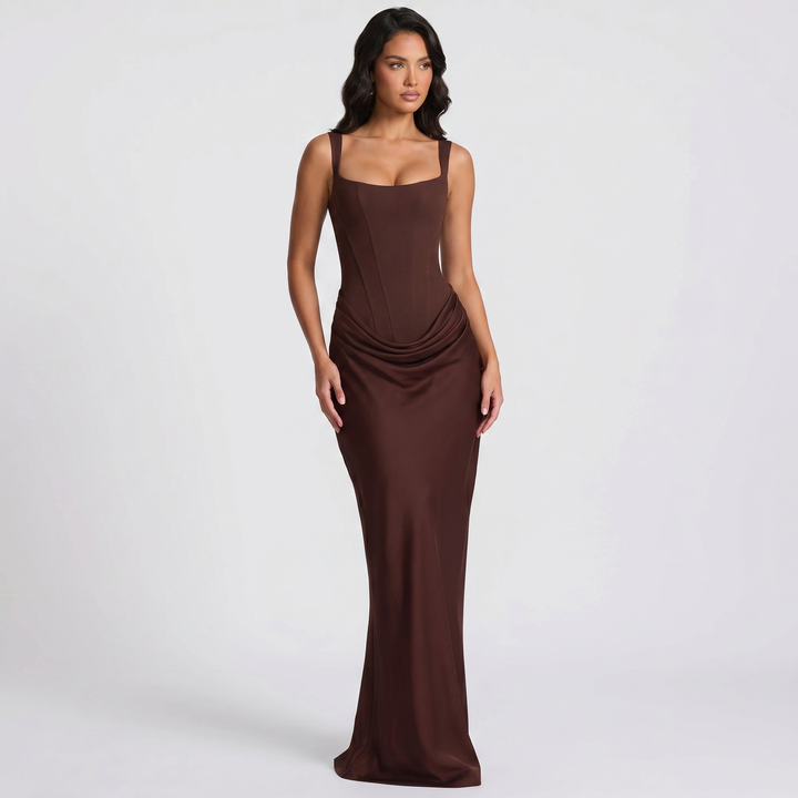 Stunning formal sleeveless corset mermaid maxi gown for women, perfect for evening events & special occasions.