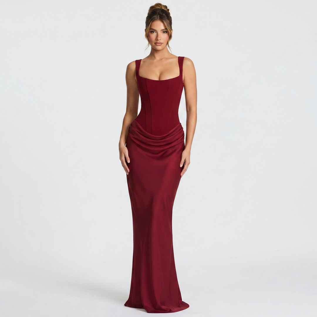Women's elegant sleeveless corset mermaid maxi gown with a ruched bodice, ideal for formal evening events.