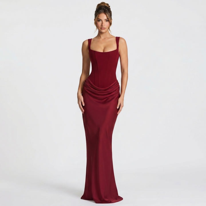 Women's elegant sleeveless corset mermaid maxi gown with a ruched bodice, ideal for formal evening events.