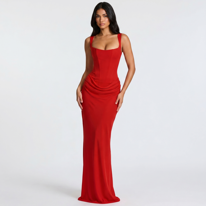 Beautiful women's sleeveless mermaid maxi gown with a corset detail, suitable for elegant formal occasions.