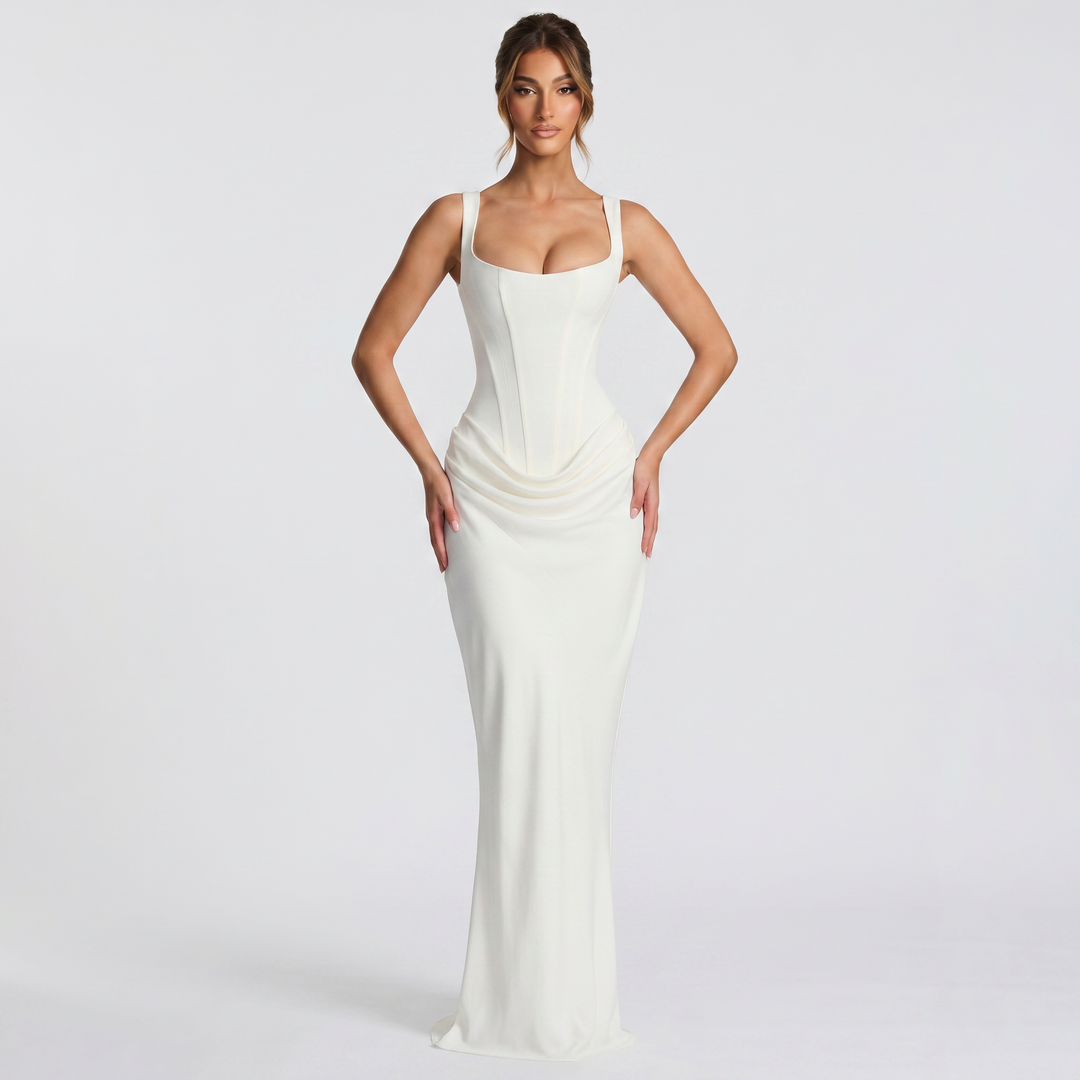 Stylish women's sleeveless corset mermaid maxi gown; an elegant, ruched formal dress for evening occasions.