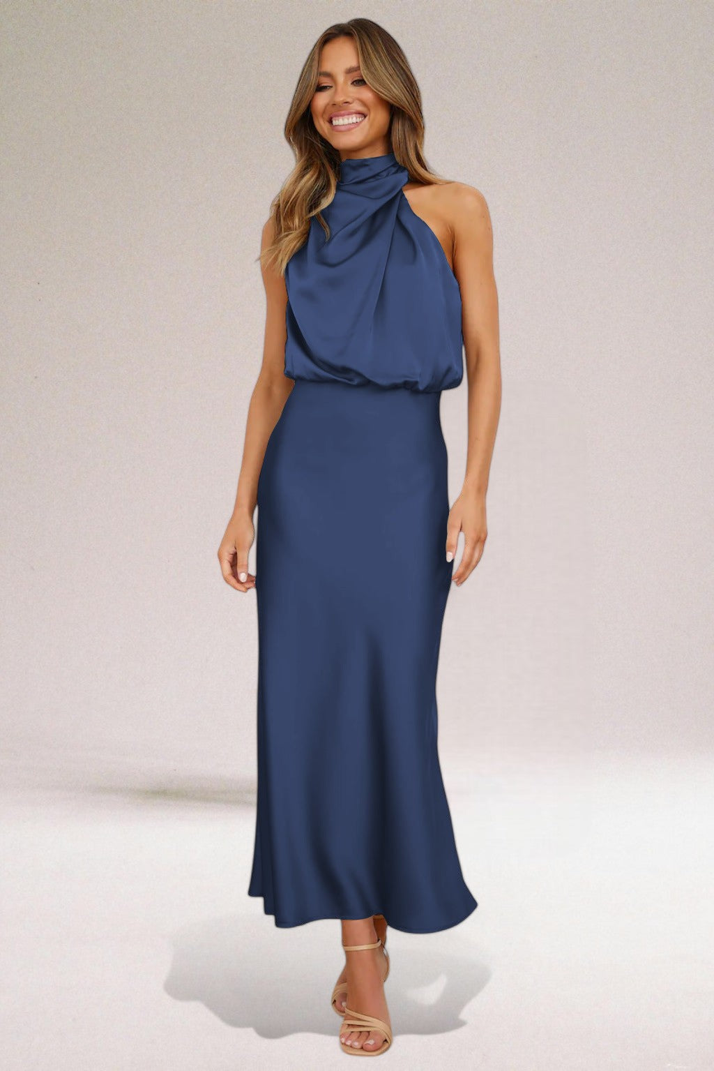 Women's elegant party dress: sleeveless draped midi with a beautiful cowl neck, suitable for cocktail and special occasions.