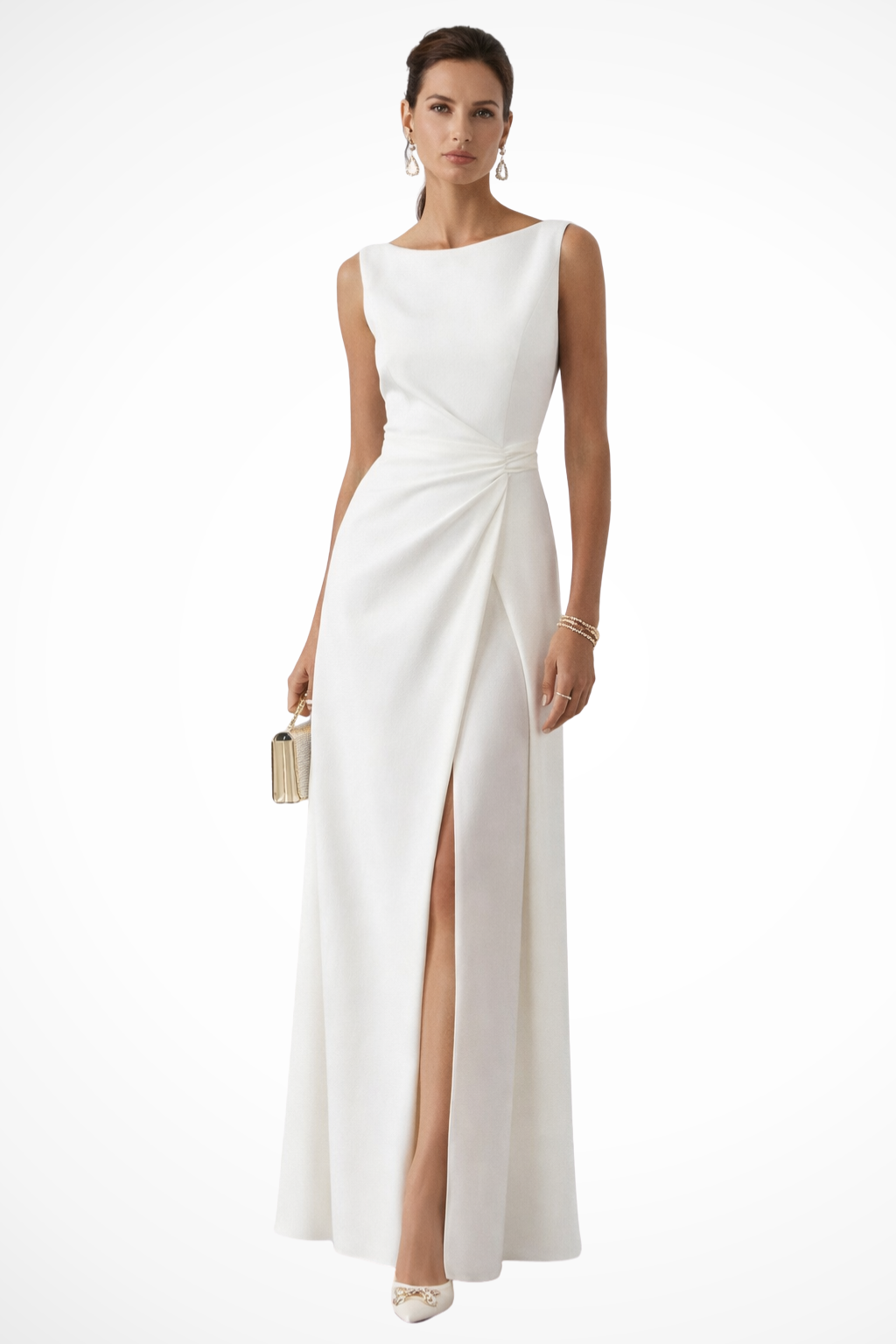 Elegant women's sleeveless draped waist maxi dress, perfect formal wear for wedding guests or special occasions.