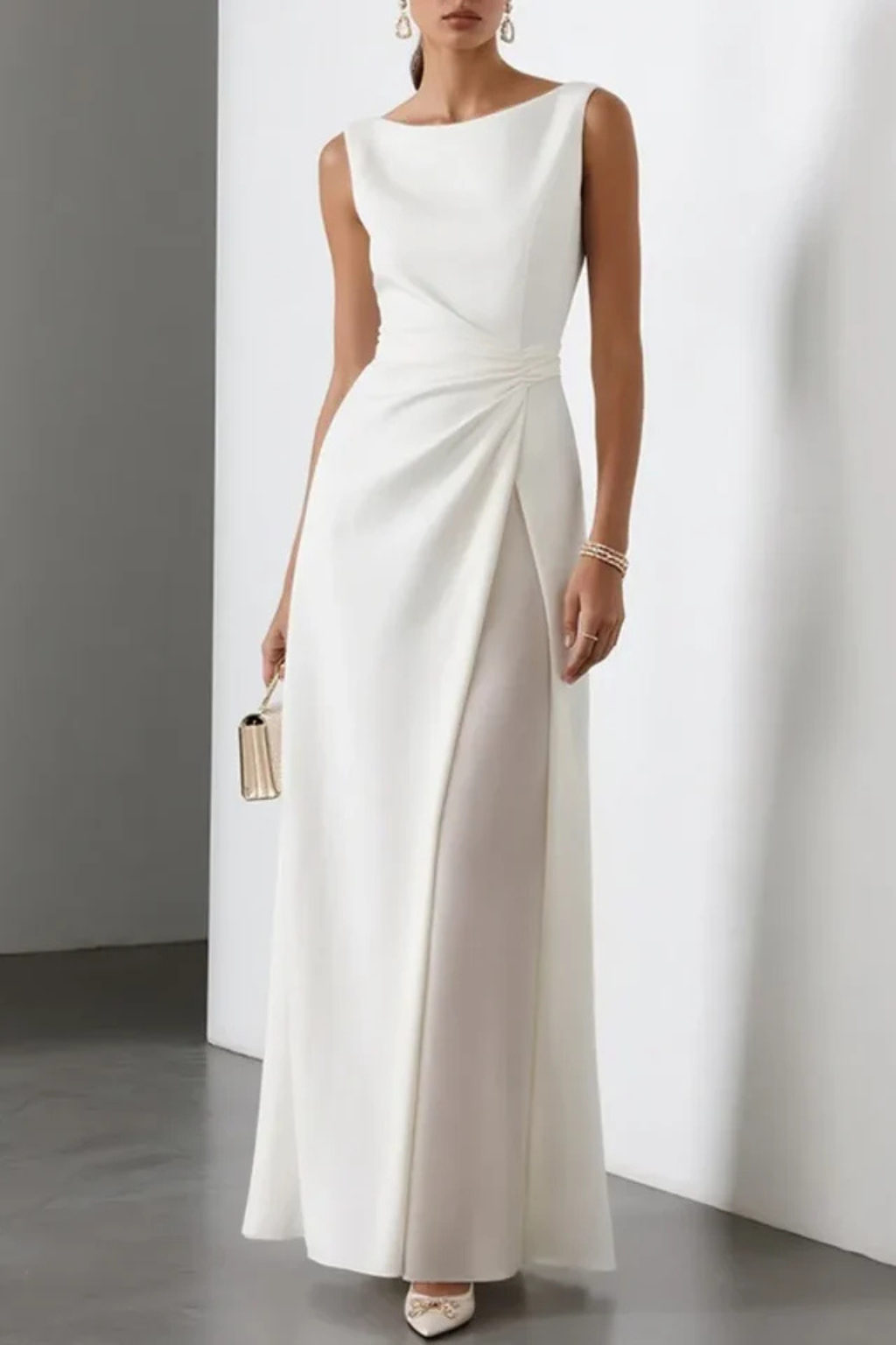 Chic boat neck sleeveless maxi dress for women with elegant draped waist, ideal for evening events.