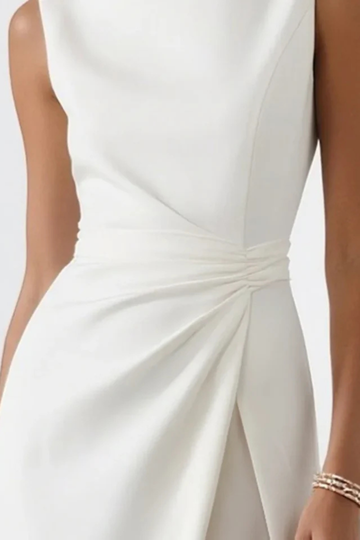 Beautiful sleeveless draped waist maxi dress for women, an elegant choice for wedding guests & formal occasions.