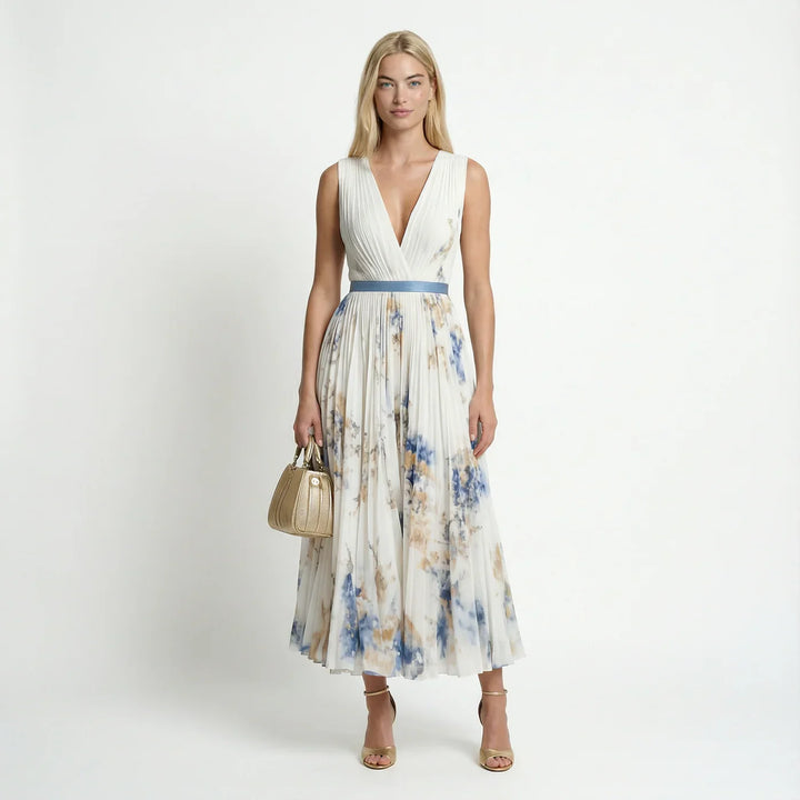 Elegant women's sleeveless floral pleated maxi dress for summer occasions