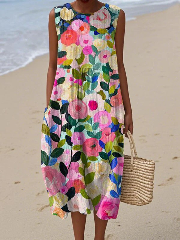 Elegant women's sleeveless floral print midi dress, perfect for summer casual or spring everyday wear. Comfortable & versatile.