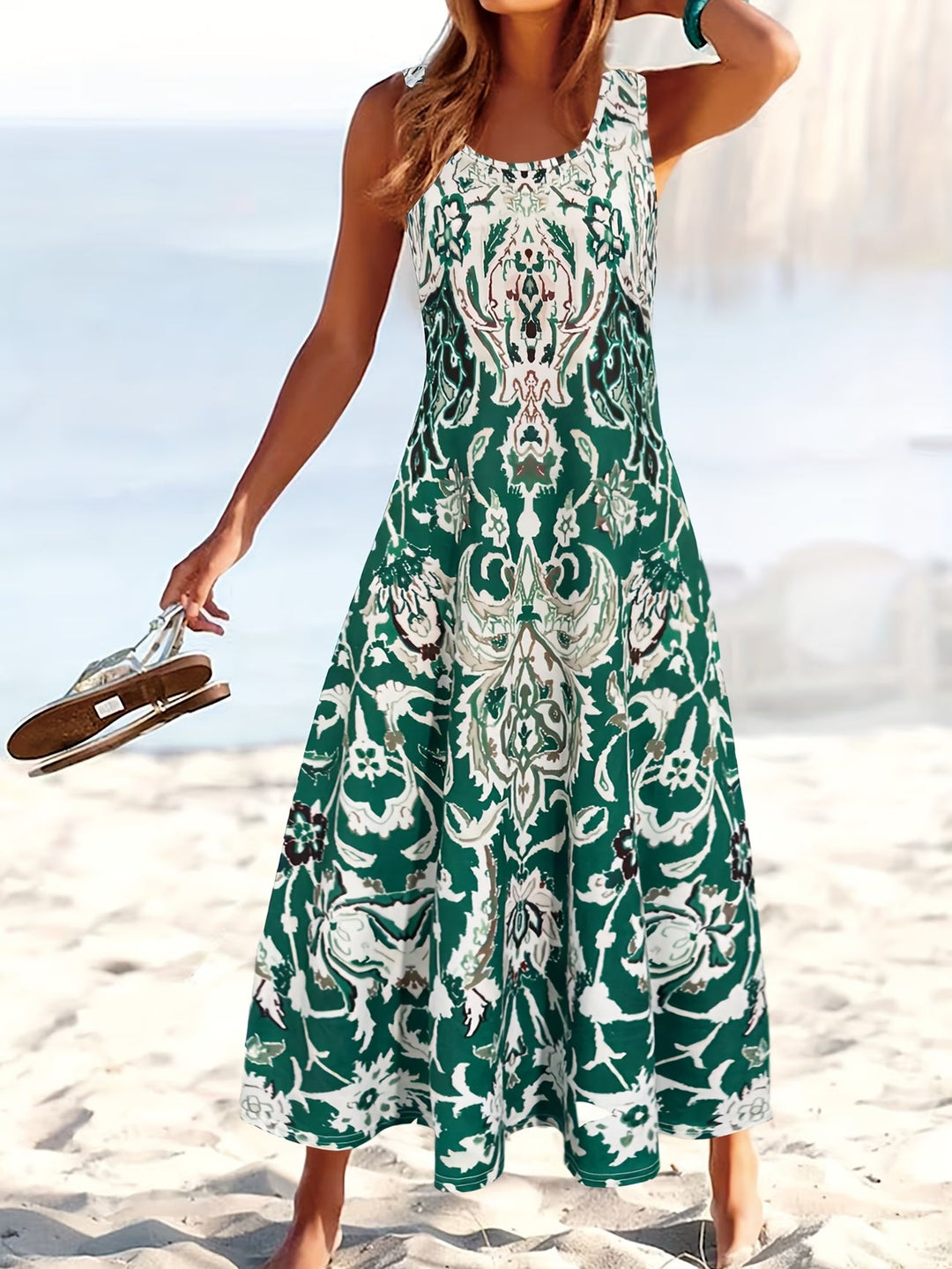 Stylish women's floral midi dress, sleeveless & comfortable for summer parties, vacations, or casual outings.