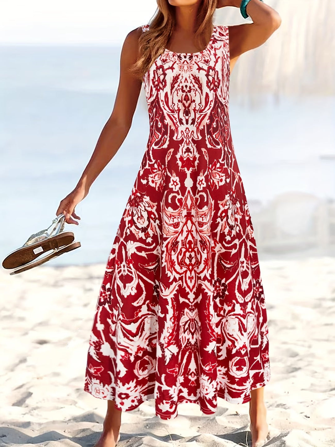 Elegant women's sleeveless floral summer midi dress. Perfect for casual wear, vacation, or parties.