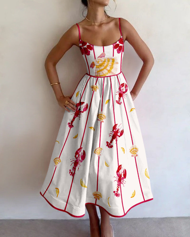 Elegant women's sleeveless flowing midi dress in seaside style, perfect for summer vacations & coastal fashion.