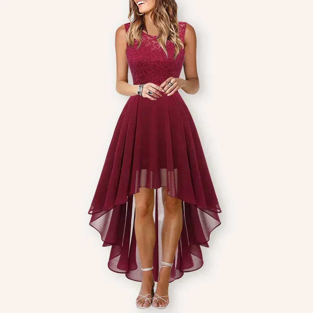 Elegant women's sleeveless high-low midi dress, perfect for wedding guests, cocktail parties, or formal events.