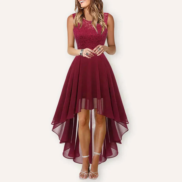 Elegant women's sleeveless high-low midi dress, perfect for wedding guests, cocktail parties, or formal events.