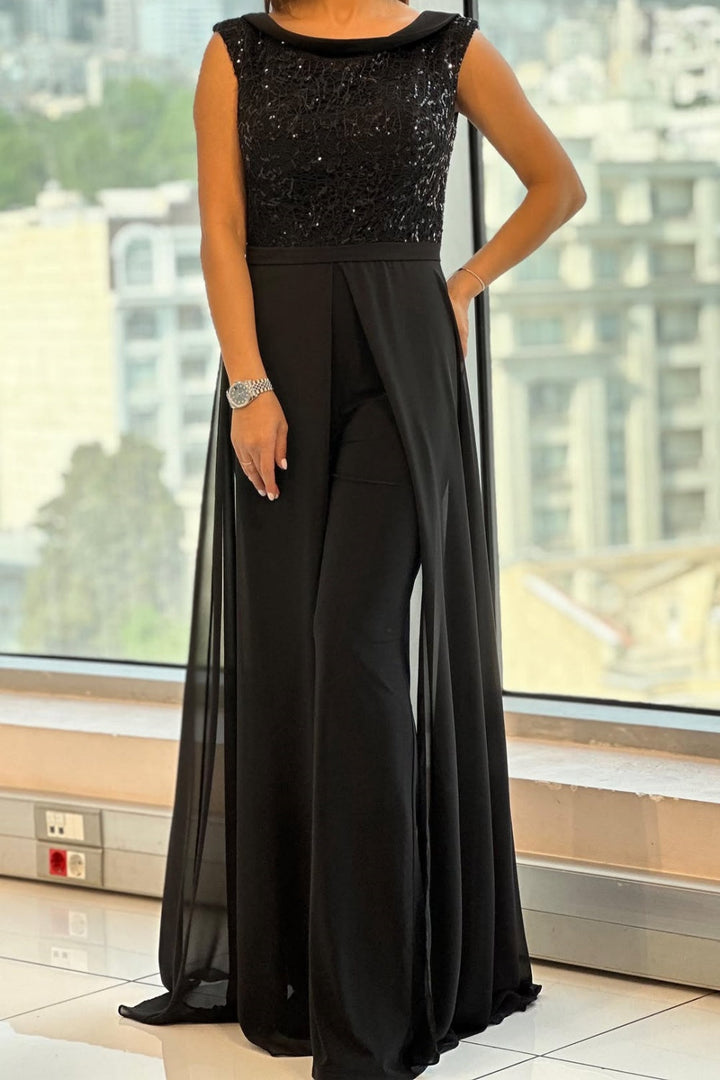 Elegant women's sleeveless jumpsuit with sparkling sequin bodice, perfect for evening parties & special occasions.