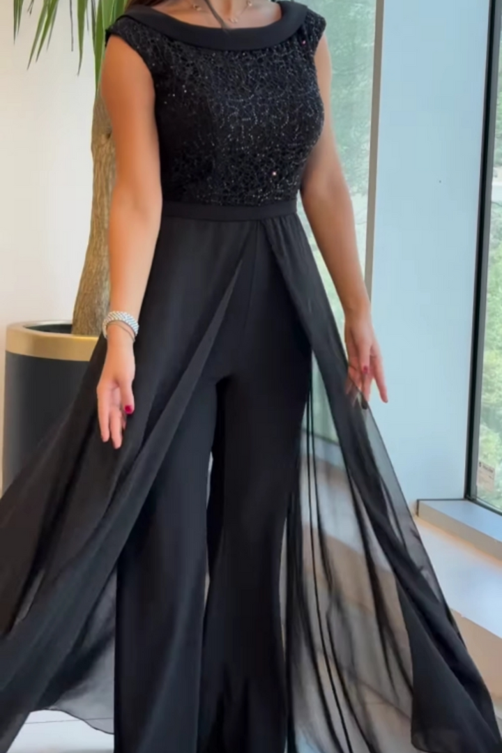 Stylish women's sleeveless jumpsuit featuring sequin overlay bodice. Perfect elegant one-piece for evening wear.