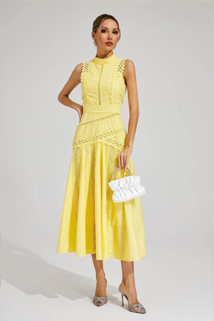 Stylish women's sleeveless lace midi dress, ideal for wedding guests, special occasions, and summer party events. Formal wear.