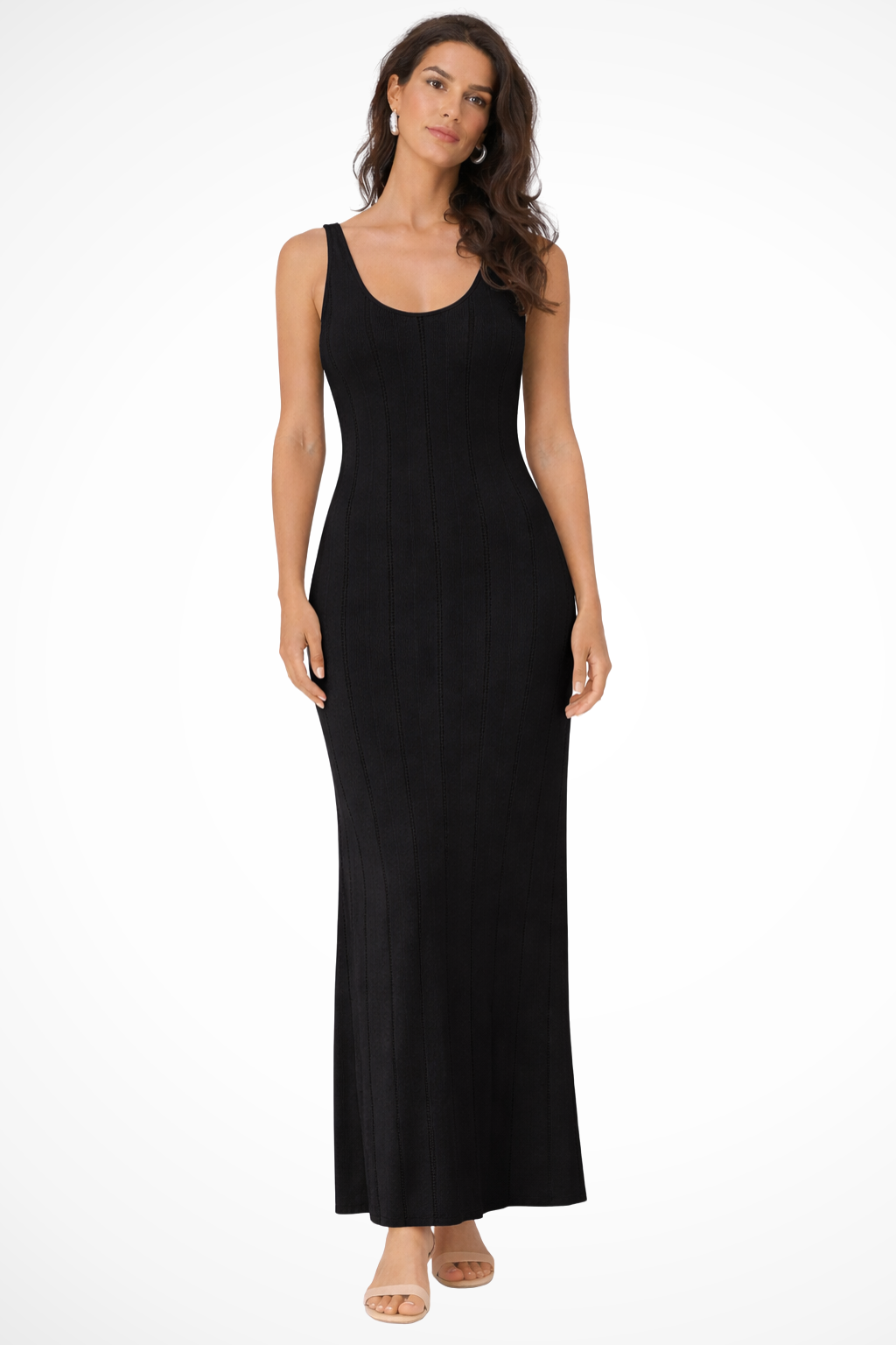 Elegant women's sleeveless maxi dress with a deep V-neck, perfect for summer occasions & formal events.