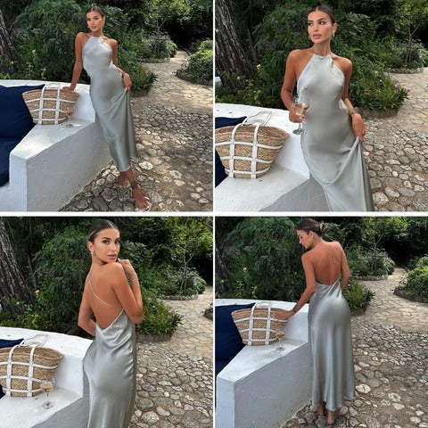 Sophisticated women's sleeveless maxi dress, showcasing an elegant open back. Perfect as a wedding guest dress.