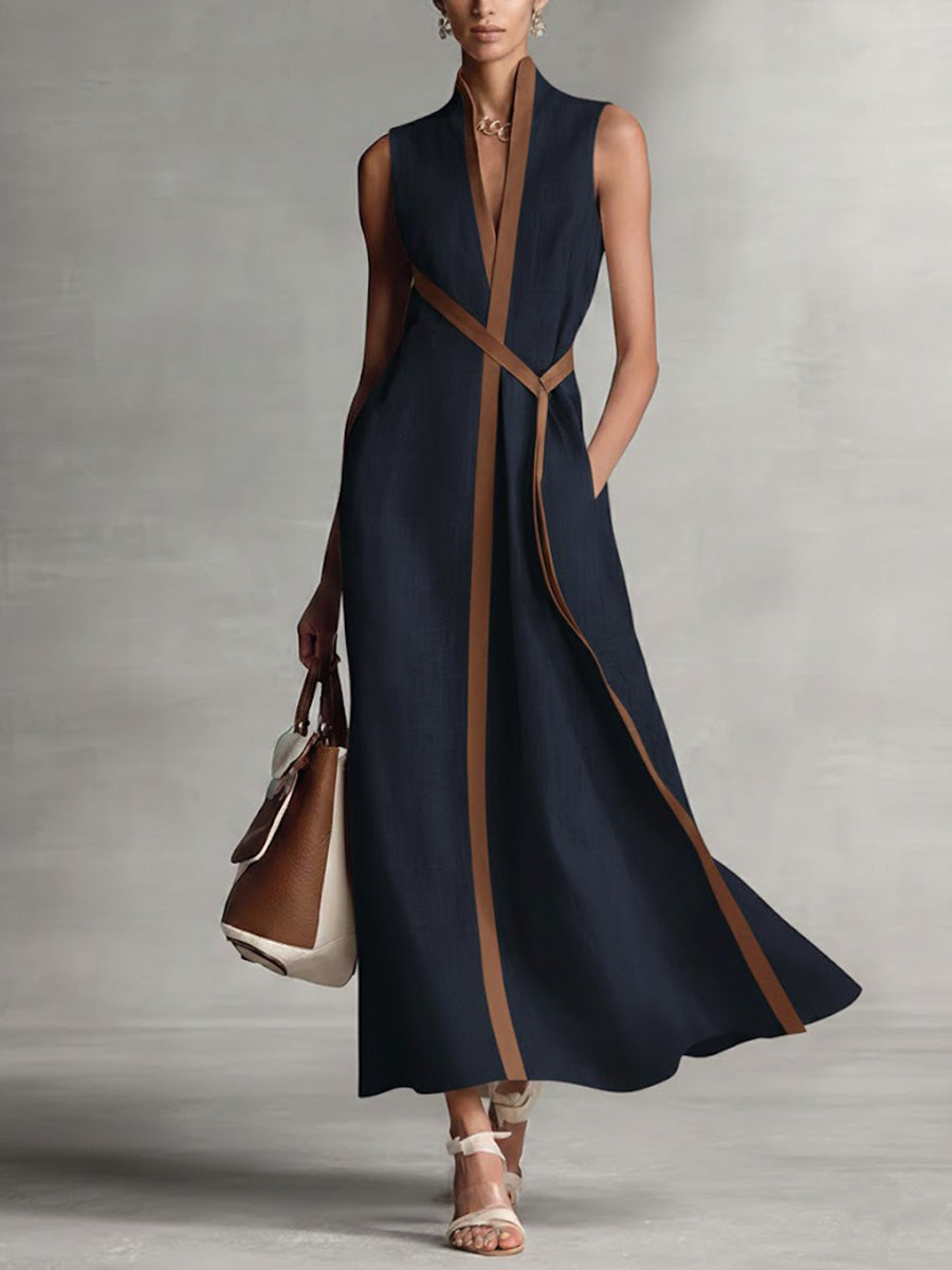 Comfortable, flowy women's sleeveless maxi dress. Features elegant contrast trim, great for summer fashion.