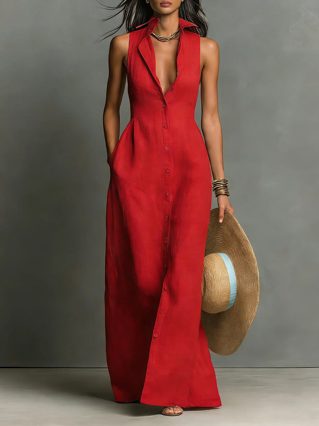 Elegant women's sleeveless maxi shirt dress, perfect for summer casual or office wear.