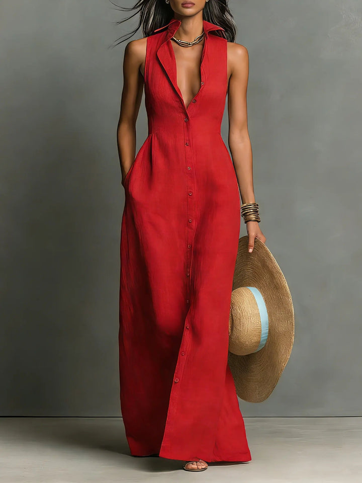 Elegant women's sleeveless maxi shirt dress, perfect for summer casual or office wear.