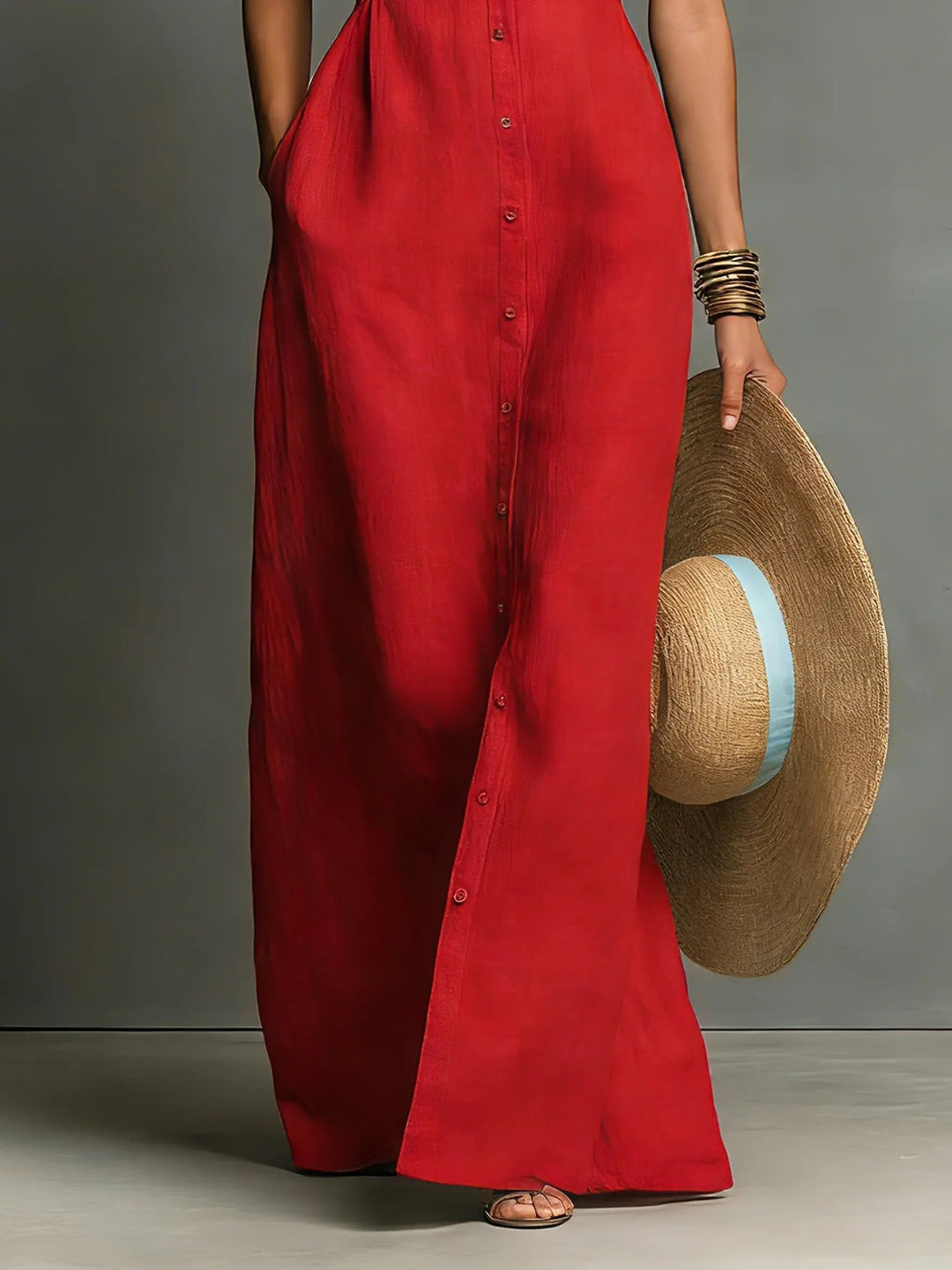 Versatile women's sleeveless button-front maxi shirt dress, elegant for office or summer casual.