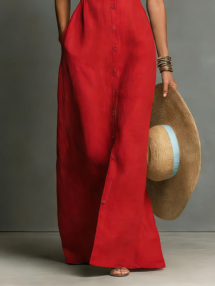 Versatile women's sleeveless button-front maxi shirt dress, elegant for office or summer casual.