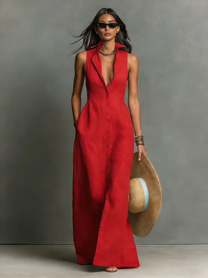 Chic women's sleeveless maxi shirt dress with button front, perfect for elegant summer or office style.