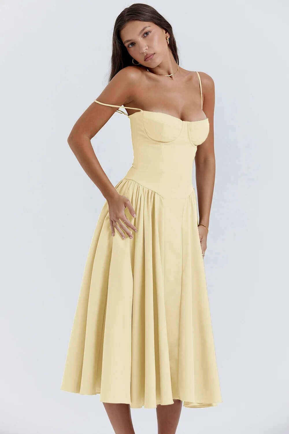 Beautiful women's sleeveless midi dress, elegant corset fit, a summer fashion staple.