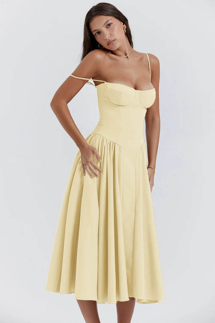 Beautiful women's sleeveless midi dress, elegant corset fit, a summer fashion staple.