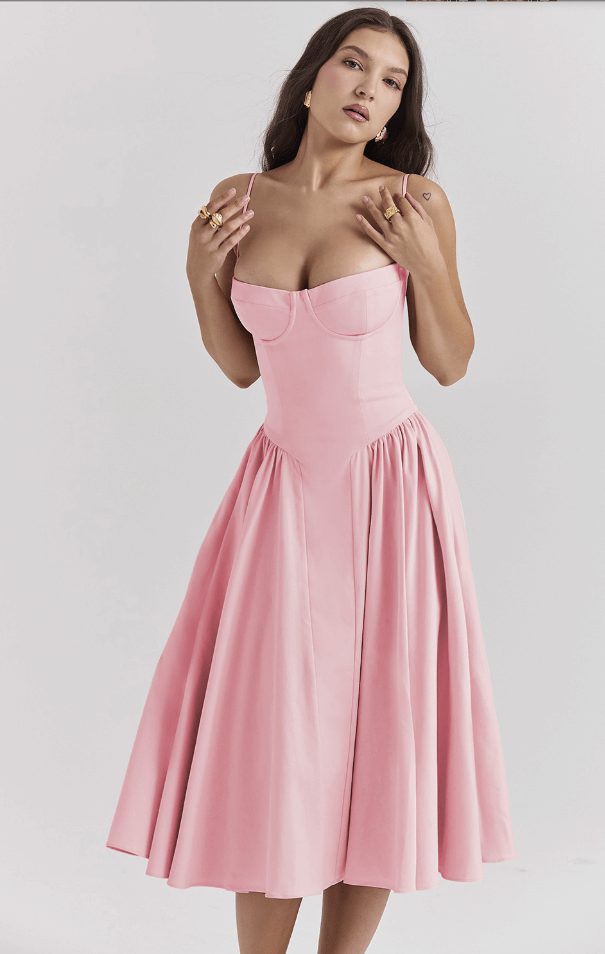 Women's elegant sleeveless midi dress, flattering corset fit, stylish and versatile.