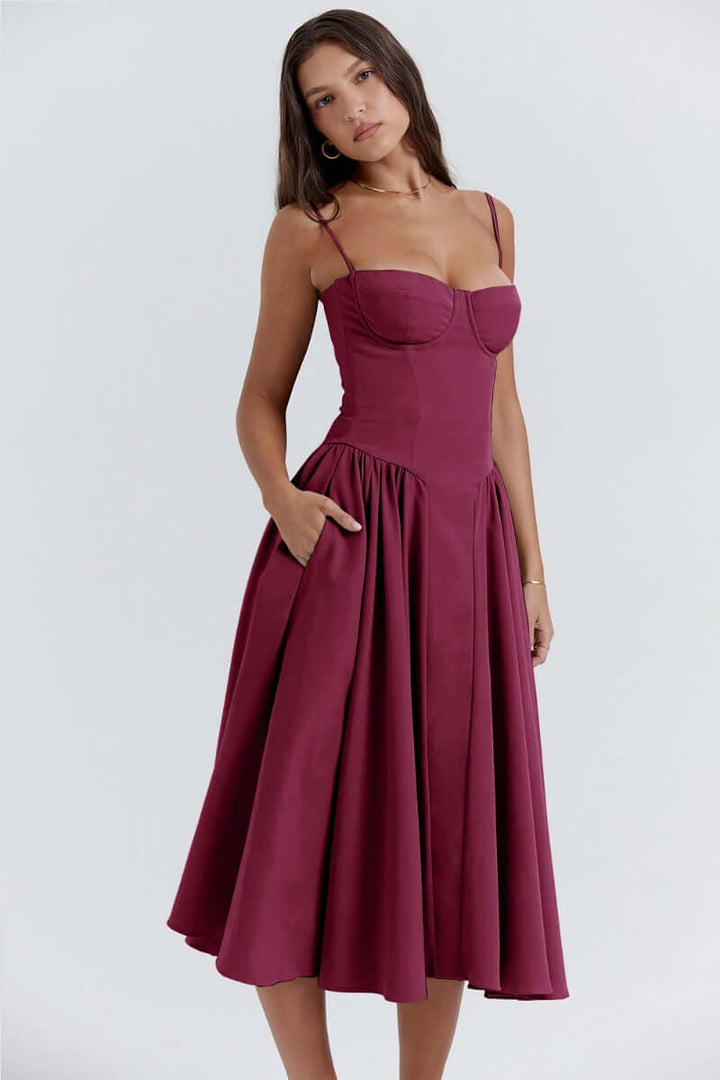 Sleek women's elegant midi dress, sleeveless design, with a modern corset fit.