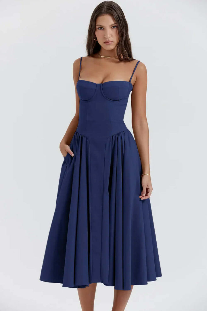 Chic women's midi dress, sleeveless design, elegant corset fit, ideal for summer fashion.