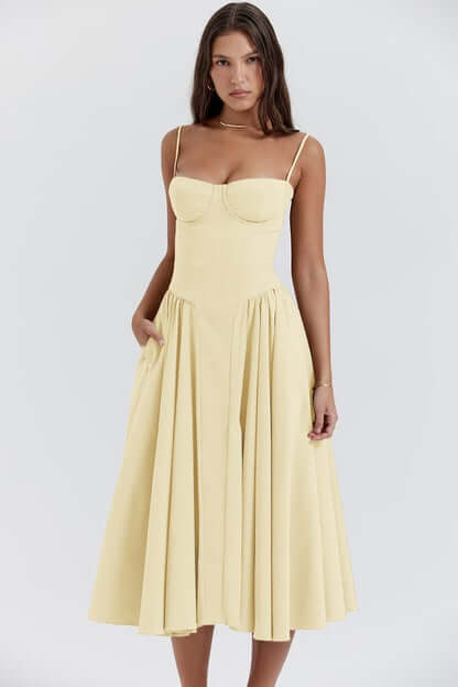 Versatile women's elegant sleeveless midi dress, flattering corset fit detail.