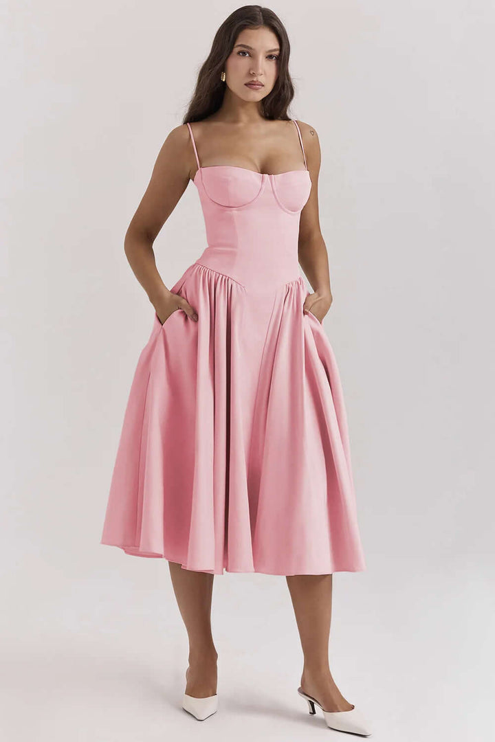 Feminine elegant sleeveless midi dress, women's corset fit for a stunning look.