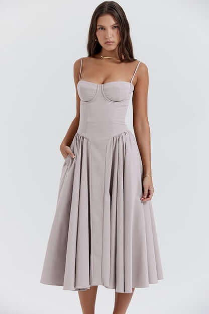 Exquisite women's elegant midi dress, sleeveless, with a perfect corset fit.